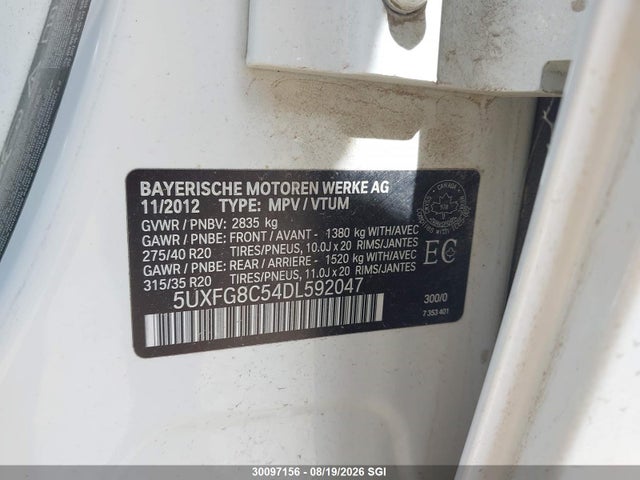 2013 Bmw X6 Xdrive50i მანქანა იყიდება აუქციონზე, vin: 5UXFG8C54DL592047, აუქციონის ნომერი: 30097156