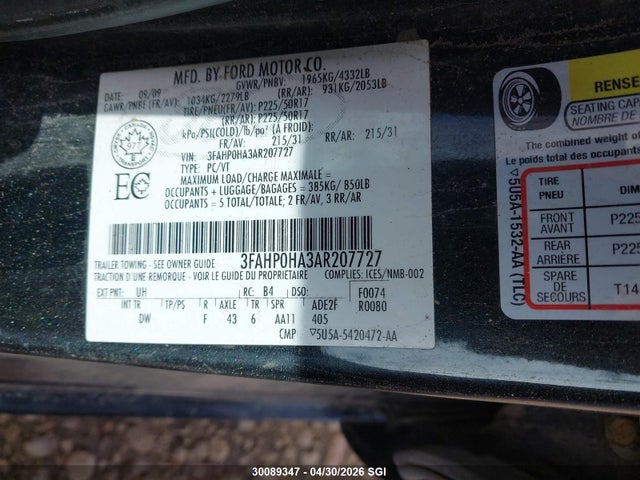 2010 Ford Fusion Se მანქანა იყიდება აუქციონზე, vin: 3FAHP0HA3AR207727, აუქციონის ნომერი: 30089347