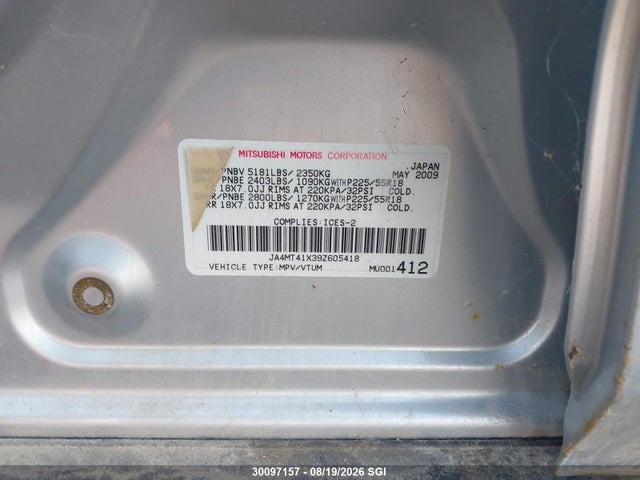 Aukcja sprzedaży 2009 Mitsubishi Outlander Xls, vin: JA4MT41X39Z605418, numer aukcji: 30097157