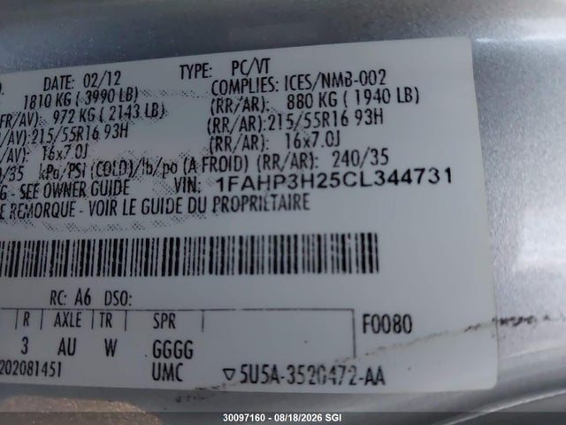 Продажа на аукционе авто 2012 Ford Focus Sel, vin: 1FAHP3H25CL344731, номер лота: 30097160
