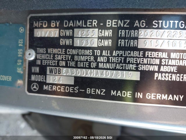 1987 Mercedes-benz 300 E მანქანა იყიდება აუქციონზე, vin: WDBEA30DXHA407819, აუქციონის ნომერი: 30097162
