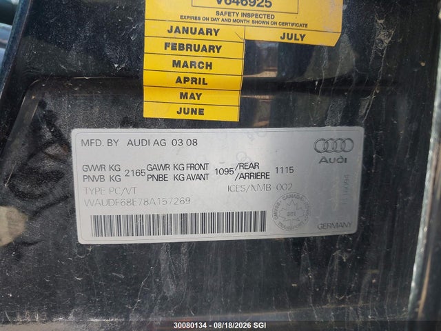 Продаж на аукціоні авто 2008 Audi A4 2.0t Quattro, vin: WAUDF68E78A157269, номер лоту: 30080134