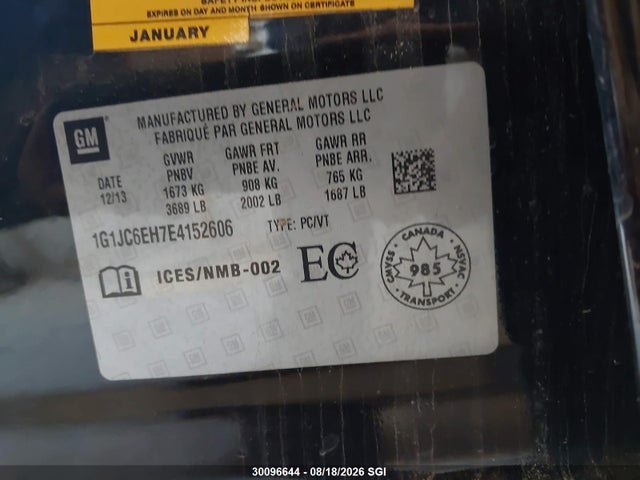 Продаж на аукціоні авто 2014 Chevrolet Sonic Lt Auto, vin: 1G1JC6EH7E4152606, номер лоту: 30096644