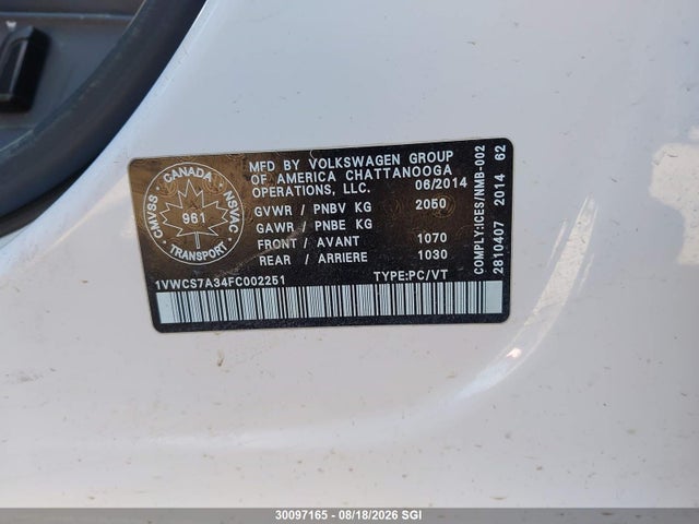 Продаж на аукціоні авто 2015 Volkswagen Passat Sel, vin: 1VWCS7A34FC002251, номер лоту: 30097165