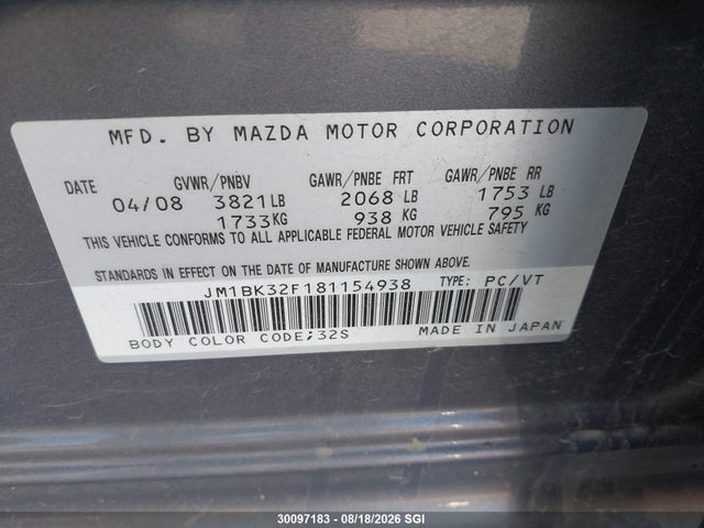 Aukcja sprzedaży 2008 Mazda 3 I, vin: JM1BK32F181154938, numer aukcji: 30097183