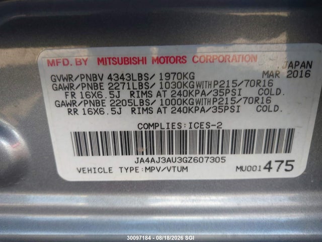 JA4AJ3AU3GZ607305 Mitsubishi RVR SE
