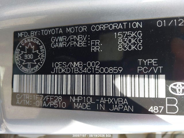 Продажа на аукционе авто 2012 Toyota Prius C, vin: JTDKDTB34C1500859, номер лота: 30097197