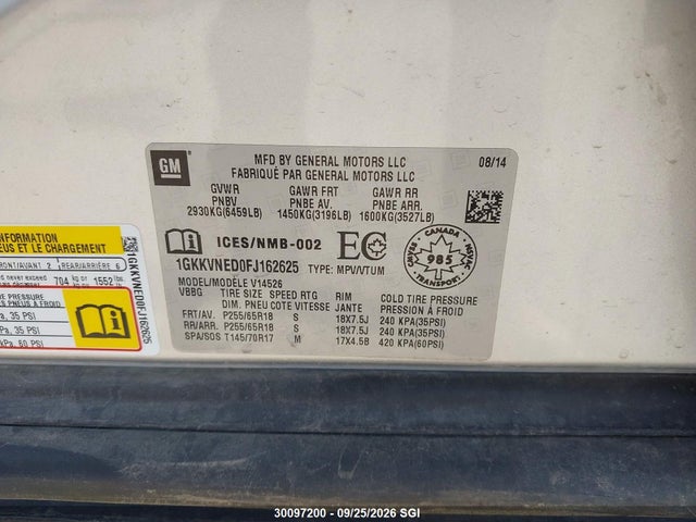 Auction sale of the 2015 Gmc Acadia Sle, vin: 1GKKVNED0FJ162625, lot number: 30097200