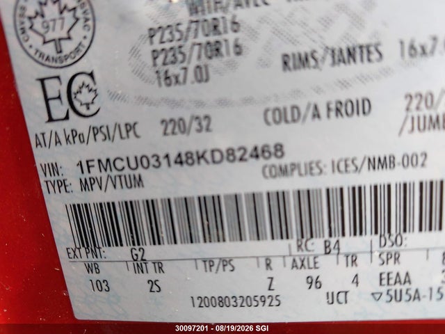 Auction sale of the 2008 Ford Escape Xlt, vin: 1FMCU03148KD82468, lot number: 30097201