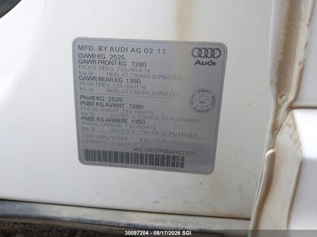 Продажа на аукционе авто 2011 Audi Q5 Premium Plus, vin: WA1LKCFP8BA082225, номер лота: 30097204