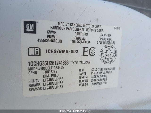 Продаж на аукціоні авто 2006 Chevrolet Express G3500, vin: 1GCHG35U261241833, номер лоту: 30097214
