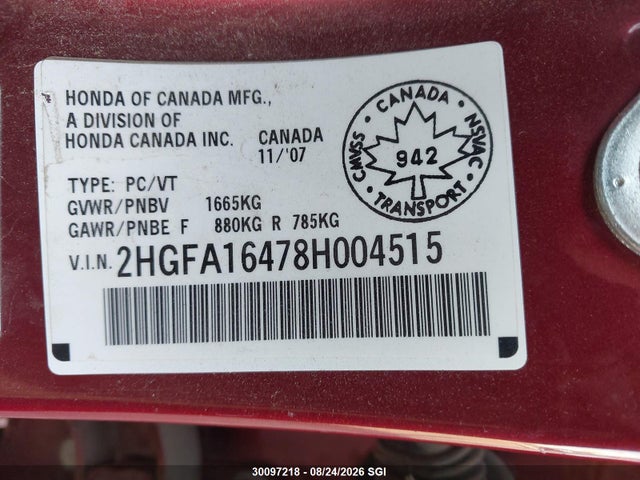 2008 Honda Civic Sdn მანქანა იყიდება აუქციონზე, vin: 2HGFA16478H004515, აუქციონის ნომერი: 30097218