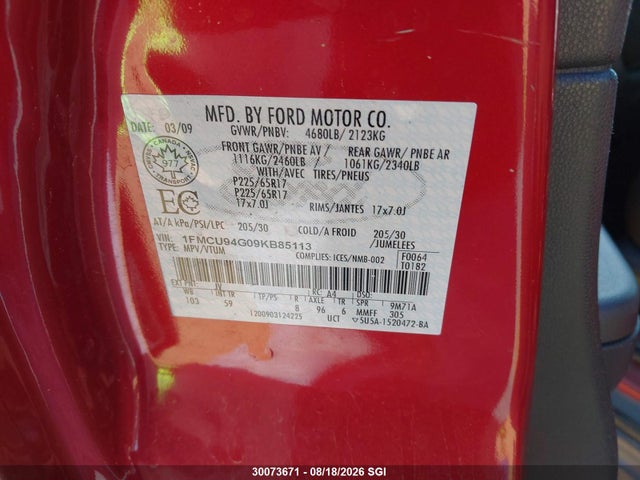 Продажа на аукционе авто 2009 Ford Escape Limited, vin: 1FMCU94G09KB85113, номер лота: 30073671