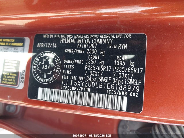 5XYZUDLB1EG188979 Hyundai SANTA FE SPORT