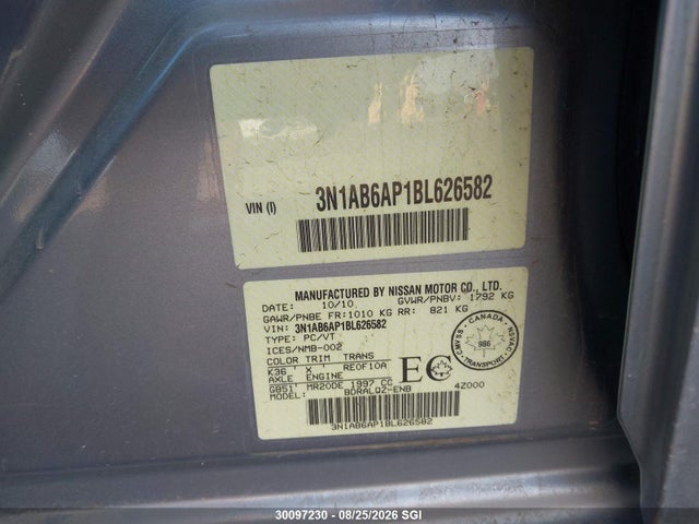 Aukcja sprzedaży 2011 Nissan Sentra 2.0/2.0s/sr/2.0sl, vin: 3N1AB6AP1BL626582, numer aukcji: 30097230