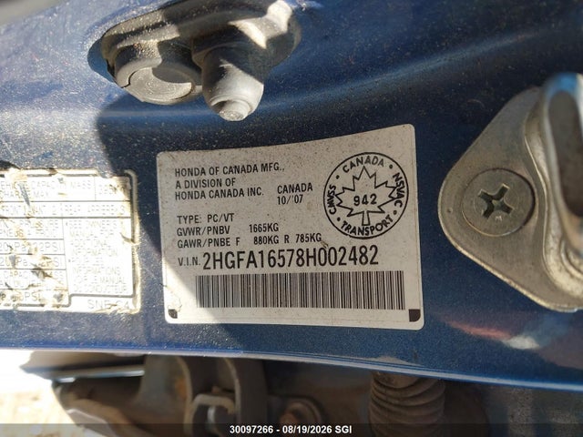 2008 Honda Civic Lx მანქანა იყიდება აუქციონზე, vin: 2HGFA16578H002482, აუქციონის ნომერი: 30097266