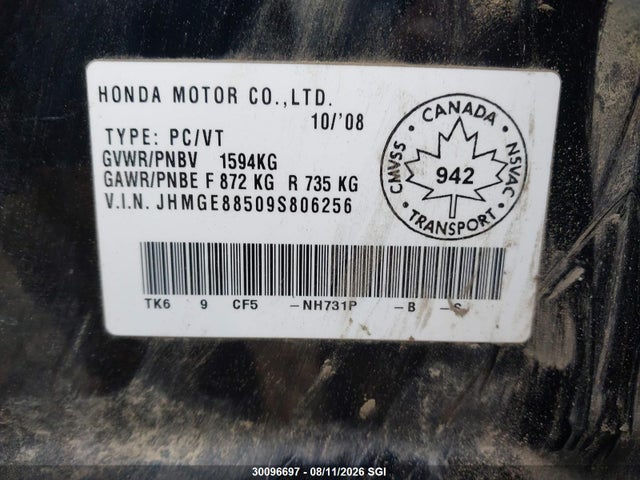 2009 Honda Fit Lx მანქანა იყიდება აუქციონზე, vin: JHMGE88509S806256, აუქციონის ნომერი: 30096697