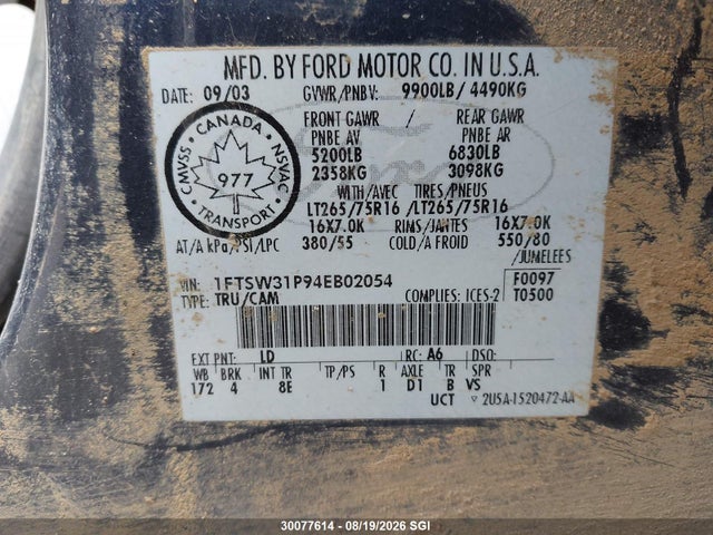 Продажа на аукционе авто 2004 Ford F350 Srw Super Duty, vin: 1FTSW31P94EB02054, номер лота: 30077614