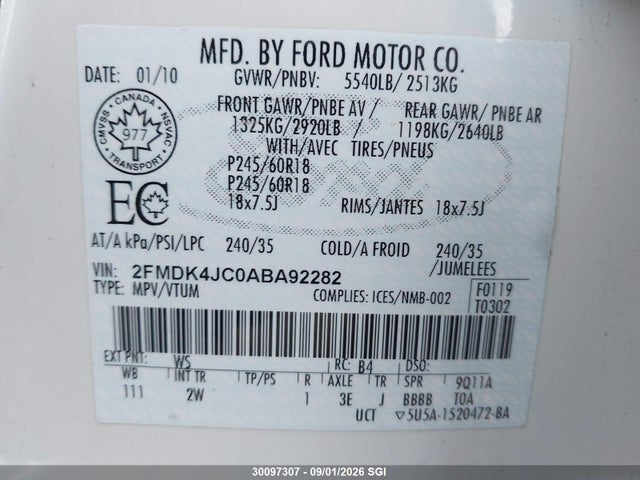 Aukcja sprzedaży 2010 Ford Edge Sel, vin: 2FMDK4JC0ABA92282, numer aukcji: 30097307