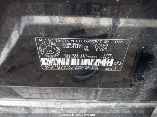 Продаж на аукціоні авто 2008 Lexus Es 350, vin: JTHBJ46G782173837, номер лоту: 30097308