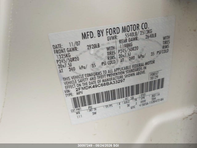 Продажа на аукционе авто 2008 Ford Edge Limited, vin: 2FMDK49C68BA33297, номер лота: 30097249