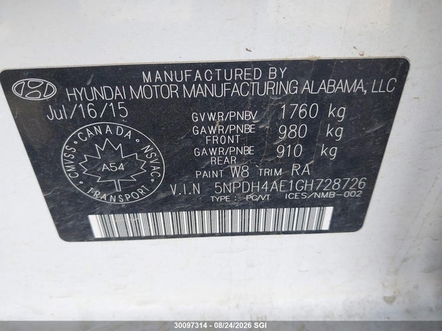 5NPDH4AE1GH728726 Hyundai Elantra Se/sport/limited