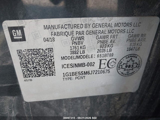 30097315 :رقم المزاد ، 1G1BE5SM6J7210675 vin ، 2018 Chevrolet Cruze Lt مزاد بيع