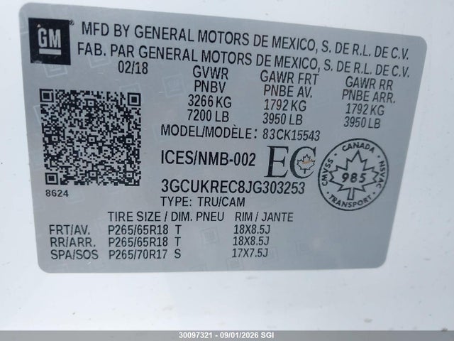2018 Chevrolet Silverado K1500 Lt მანქანა იყიდება აუქციონზე, vin: 3GCUKREC8JG303253, აუქციონის ნომერი: 30097321