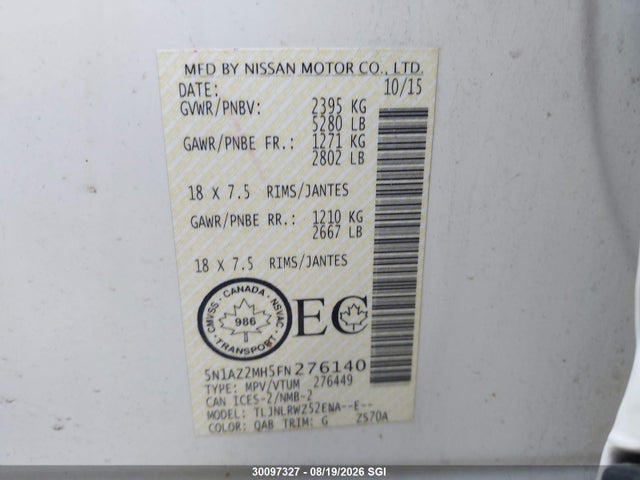 5N1AZ2MH5FN276140 Nissan Murano S/sl/sv/platinum