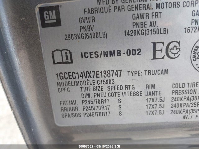 2007 Chevrolet Silverado C1500 Classic მანქანა იყიდება აუქციონზე, vin: 1GCEC14VX7E138747, აუქციონის ნომერი: 30097332