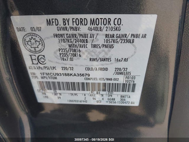 Auction sale of the 2008 Ford Escape Xlt, vin: 1FMCU93188KA35679, lot number: 30097345