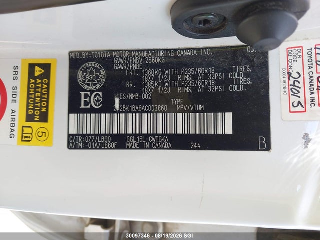 30097346 :رقم المزاد ، 2T2BK1BA6AC003860 vin ، 2010 Lexus Rx 350 مزاد بيع