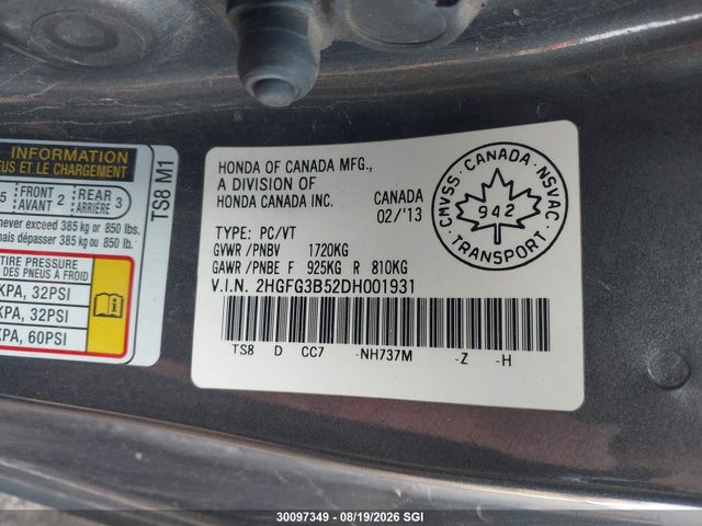 Aukcja sprzedaży 2013 Honda Civic Lx, vin: 2HGFG3B52DH001931, numer aukcji: 30097349