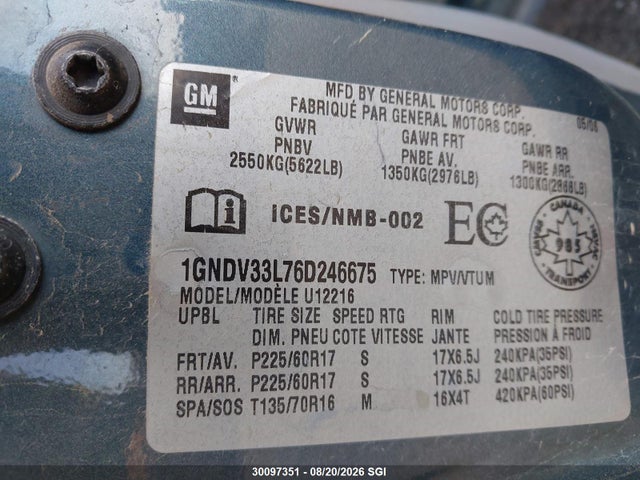 30097351 :رقم المزاد ، 1GNDV33L76D246675 vin ، 2006 Chevrolet Uplander Lt مزاد بيع
