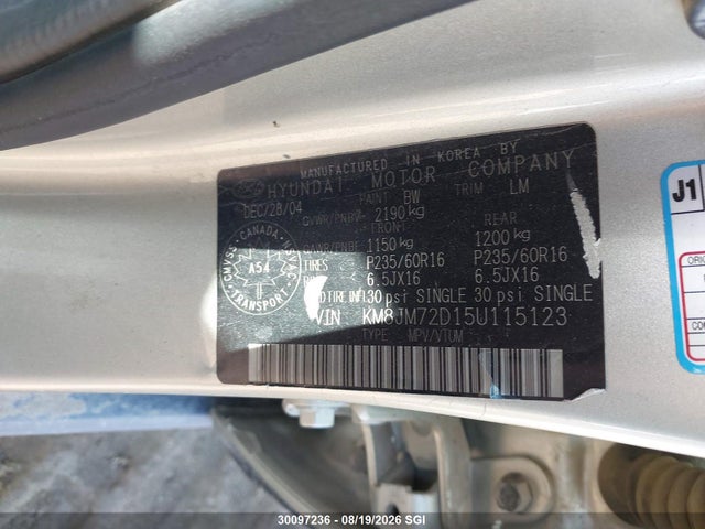 Продажа на аукционе авто 2005 Hyundai Tucson Gl, vin: KM8JM72D15U115123, номер лота: 30097236