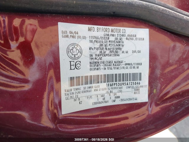 Продажа на аукционе авто 2005 Ford Taurus Sel, vin: 1FAFP56U15A262016, номер лота: 30097361