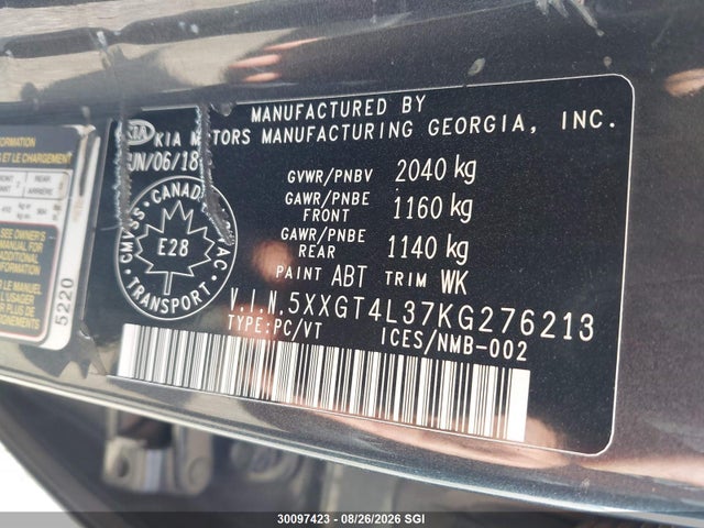 Продаж на аукціоні авто 2019 Kia Optima Lx/s, vin: 5XXGT4L37KG276213, номер лоту: 30097423