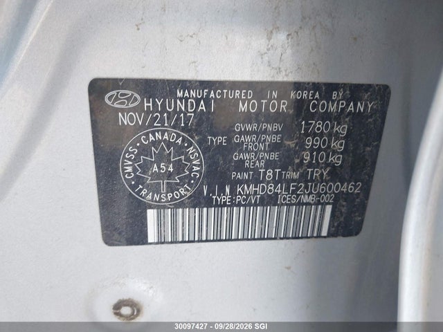 30097427 :رقم المزاد ، KMHD84LF2JU600462 vin ، 2018 Hyundai Elantra Sel/value/limited مزاد بيع