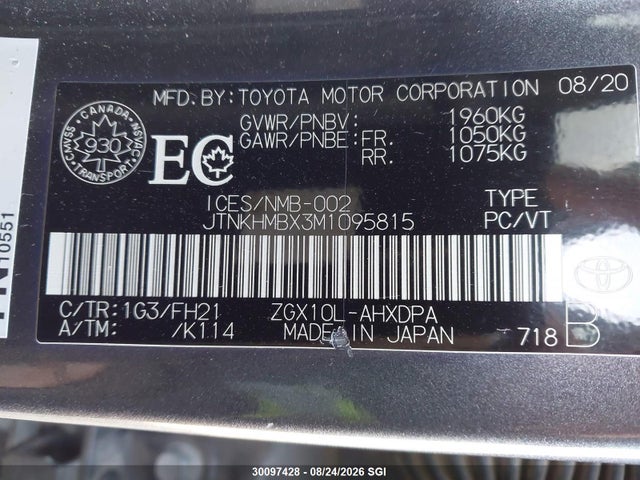 JTNKHMBX3M1095815 Toyota C-hr Xle/le/night Shade/limited