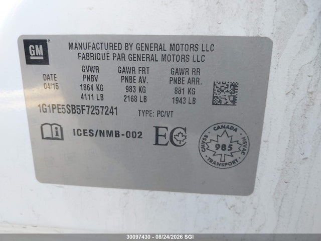 1G1PE5SB5F7257241 Chevrolet CRUZE LT