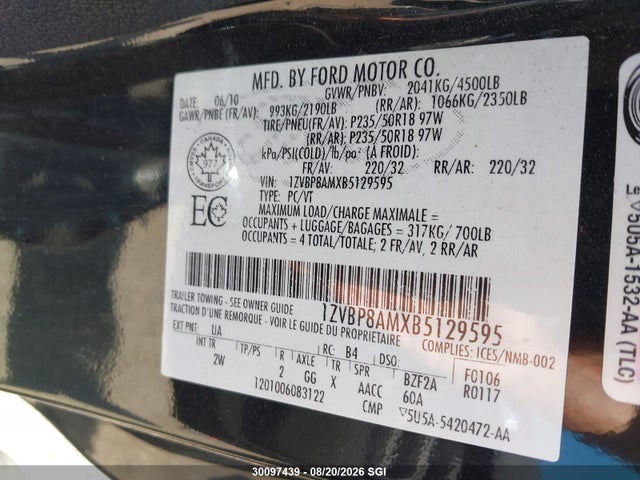 Продаж на аукціоні авто 2011 Ford Mustang, vin: 1ZVBP8AMXB5129595, номер лоту: 30097439