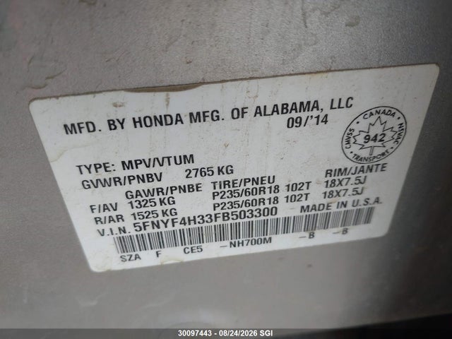 Honda PILOT SE 2015 5FNYF4H33FB503300 Image 9
