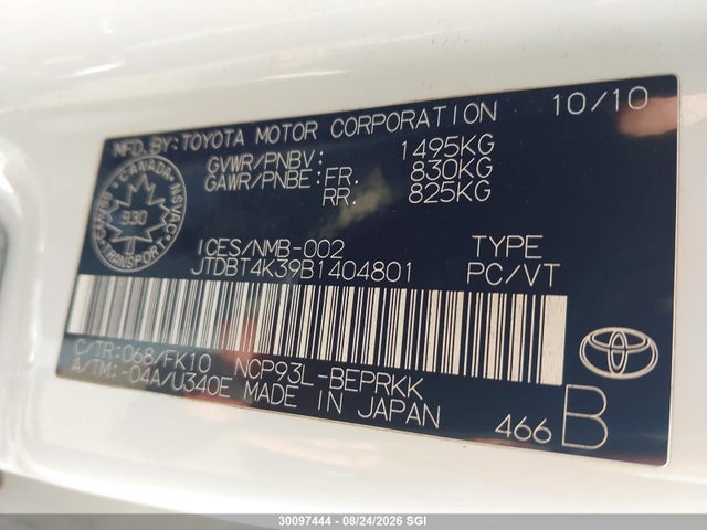 30097444 :رقم المزاد ، JTDBT4K39B1404801 vin ، 2011 Toyota Yaris مزاد بيع