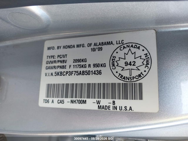 Aukcja sprzedaży 2010 Honda Accord Ex, vin: 5KBCP3F75AB501436, numer aukcji: 30097445
