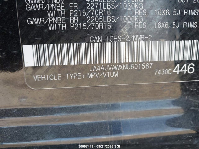 JA4AJVAWXNU601587 Mitsubishi Rvr Se/sel/le/gt