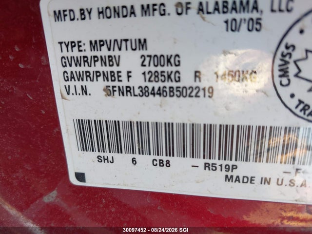 Продаж на аукціоні авто 2006 Honda Odyssey Ex, vin: 5FNRL38446B502219, номер лоту: 30097452