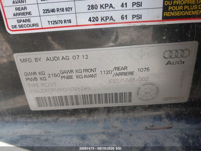 Продажа на аукционе авто 2013 Audi A3 Premium, vin: WAUDFCFMXDA025285, номер лота: 30097470