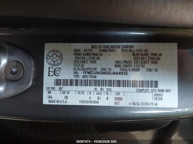 30097474 :رقم المزاد ، 1FMCU9GN6SUA64932 vin ، 2025 Ford Escape Active مزاد بيع