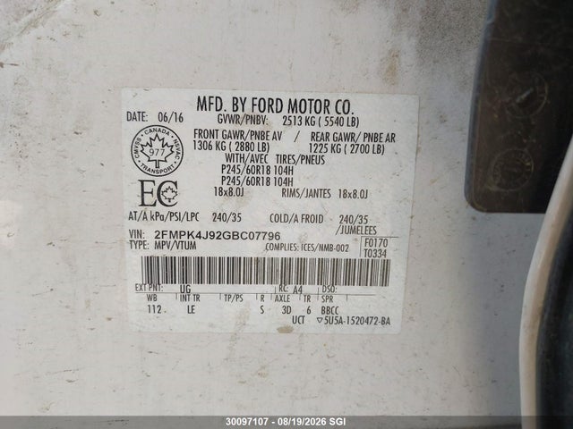 Продаж на аукціоні авто 2016 Ford Edge Sel, vin: 2FMPK4J92GBC07796, номер лоту: 30097107