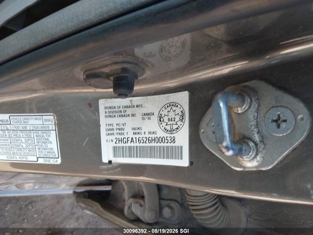 Aukcja sprzedaży 2006 Honda Civic Lx, vin: 2HGFA16526H000538, numer aukcji: 30096392